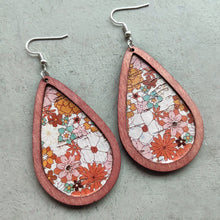 Load image into Gallery viewer, Floral Wood Teardrop Earrings