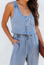 Load image into Gallery viewer, Pocketed Half Button Sleeveless Denim Jumpsuit