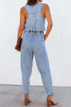 Load image into Gallery viewer, Pocketed Half Button Sleeveless Denim Jumpsuit