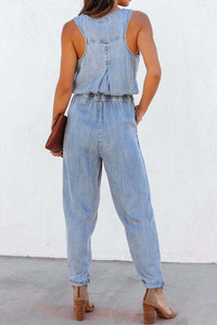 Pocketed Half Button Sleeveless Denim Jumpsuit