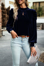 Load image into Gallery viewer, Tie Up Mock Neck Velvet Fabric Long Sleeve Blouse