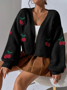 Cherry Graphic Open Front Dropped Shoulder Cardigan