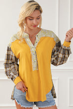 Load image into Gallery viewer, Plaid Notched Neck Slit Blouse