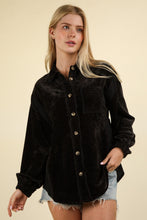 Load image into Gallery viewer, VERY J Mixed Media Button Down Raw Hem Shacket