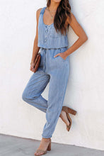 Load image into Gallery viewer, Pocketed Half Button Sleeveless Denim Jumpsuit