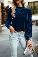 Load image into Gallery viewer, Tie Up Mock Neck Velvet Fabric Long Sleeve Blouse