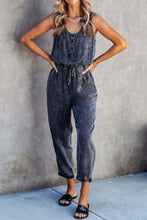 Load image into Gallery viewer, Pocketed Half Button Sleeveless Denim Jumpsuit