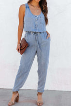 Load image into Gallery viewer, Pocketed Half Button Sleeveless Denim Jumpsuit