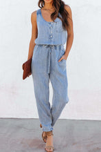 Load image into Gallery viewer, Pocketed Half Button Sleeveless Denim Jumpsuit