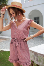 Load image into Gallery viewer, Dotted Ruffle Hem Tie Waist Romper