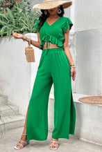 Load image into Gallery viewer, V-Neck Ruffle Hem Top and Slit Pants Set