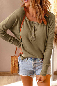 Half Button Waffle Knit Long Sleeve Top