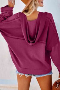 Quarter-Button Exposed Seam Dropped Shoulder Hoodie