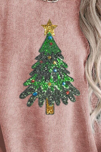 Sequin Christmas Tree Ribbed Drop Shoulder Sweatshirt