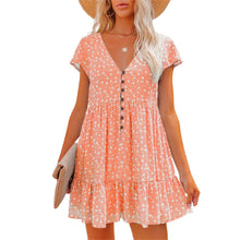 Load image into Gallery viewer, Printed V-Neck Buttoned Short Sleeve Mini Dress
