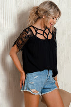 Load image into Gallery viewer, Strappy Neck Spliced Lace Eyelash Trim Blouse