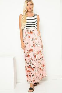 Striped sleeveless floral contrast maxi dresses