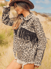 Load image into Gallery viewer, Leopard Fringe Detail Collared Neck Denim Jacket