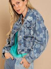 Load image into Gallery viewer, Plaid Raw Hem Dropped Shoulder Denim Jacket