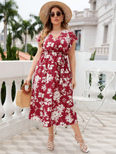 Load image into Gallery viewer, Plus Size Floral Tie Waist Surplice Neck Midi Dress