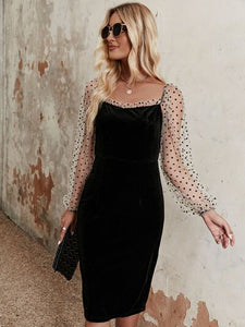 Polka Dot Mesh Long Sleeve Ruffle Trim Dress