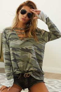 Camo Caged Neck Striped Cuff Thermal Top