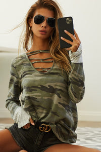 Camo Caged Neck Striped Cuff Thermal Top