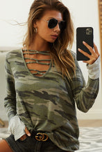 Load image into Gallery viewer, Camo Caged Neck Striped Cuff Thermal Top