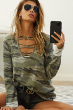 Load image into Gallery viewer, Camo Caged Neck Striped Cuff Thermal Top