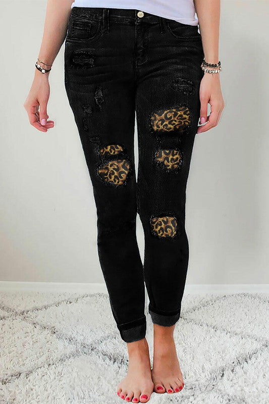 Black Leopard Patch Destroyed Skinny Jeans