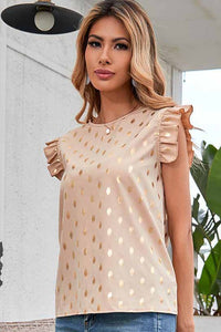 Golden Polka Dot Print Ruffle Top