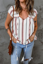 Load image into Gallery viewer, Striped V-Neck Tassel Tie Blouse