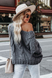 Cable-Knit Boat Neck Drop Shoulder Sweater