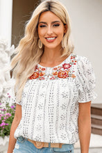 Load image into Gallery viewer, Embroidered Round Neck Flounce Sleeve Blouse
