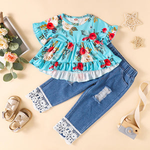 Girls Floral Round Neck Top and Lace Trim Distressed Jeans Set