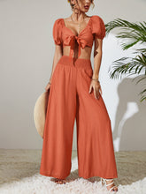 Load image into Gallery viewer, Tie Front Cropped Top and Smocked Wide Leg Pants Set