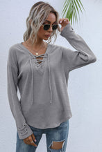 Load image into Gallery viewer, Lace-Up V-Neck Ribbed Top