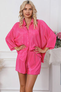 Pleated Button Up Shirt and Shorts Lounge Set