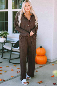 Buttoned Long Sleeve Top and Long Pants Lounge Set