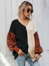 Load image into Gallery viewer, Leopard Color Block V-Neck Tunic Pullover Sweater