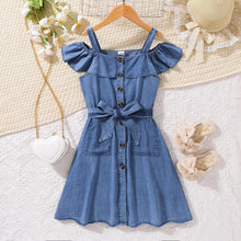 Load image into Gallery viewer, Girls Cold-Shoulder Buttoned Denim Dress