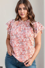 Load image into Gallery viewer, Plus Size Ruffled Floral Mock Neck Cap Sleeve Blouse