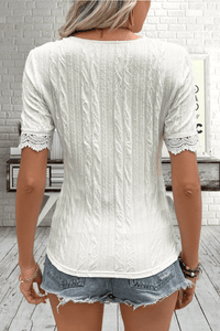 Buttoned V-Neck Lace Trim T-Shirt