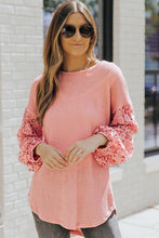 Load image into Gallery viewer, Spliced Lace Balloon Sleeve Waffle-Knit Tunic Top