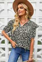 Load image into Gallery viewer, Floral Smocked Ruffle Shoulder Tie Neck Top
