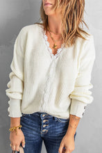 Load image into Gallery viewer, Lace Trim V-Neck Button Cuff Rib-Knit Sweater