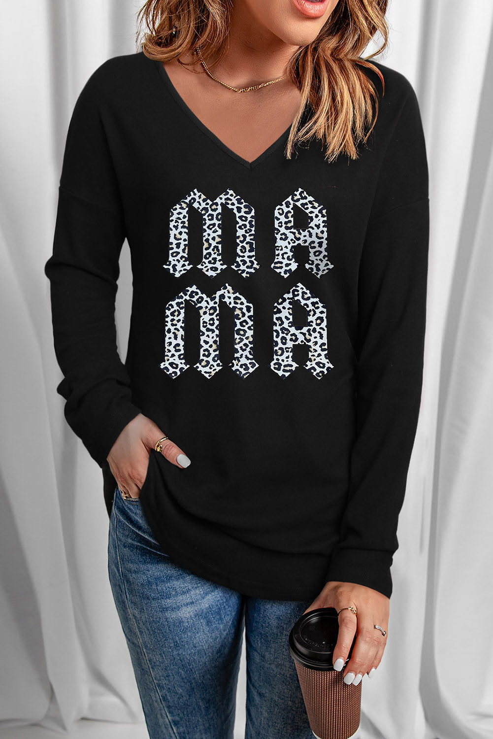 Leopard MAMA Graphic V-Neck Long Sleeve Top