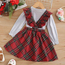 Load image into Gallery viewer, Graphic Top and Plaid Overall Skirt Set
