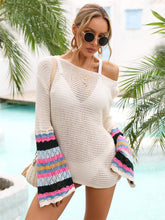 Load image into Gallery viewer, Rainbow Stripe Openwork Boat Neck Cover-Up
