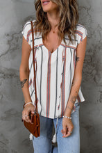 Load image into Gallery viewer, Striped V-Neck Tassel Tie Blouse